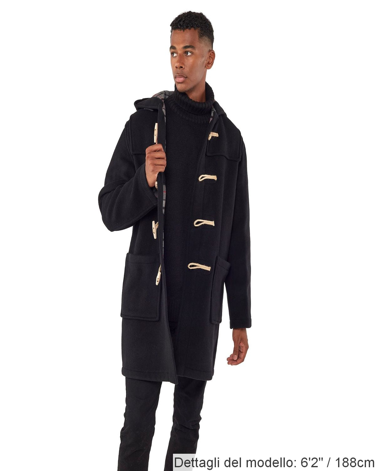 Cappotto Duffle da uomo dal taglio classico con alette in legno - Nero