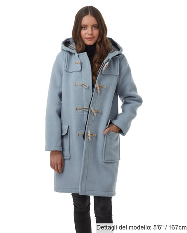 Cappotto Duffle da donna dal taglio classico con alette di legno - Celeste